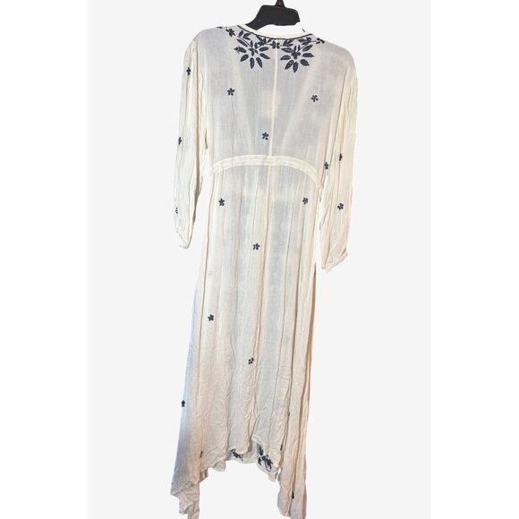 Raga Womens Embroidered Maxi Dress Sm White & Navy Boho Crinkle Fabric Anthro - Picture 6 of 7